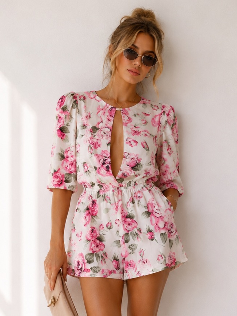 Passion Fushion Asutralia Pink Floral Keyhole Romper with Elastic Waist Medium